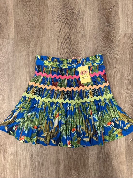 entro Dresses & Skirts - entro Blue Tropical Floral Pleated Skirt with Pink Peach Lime Trim